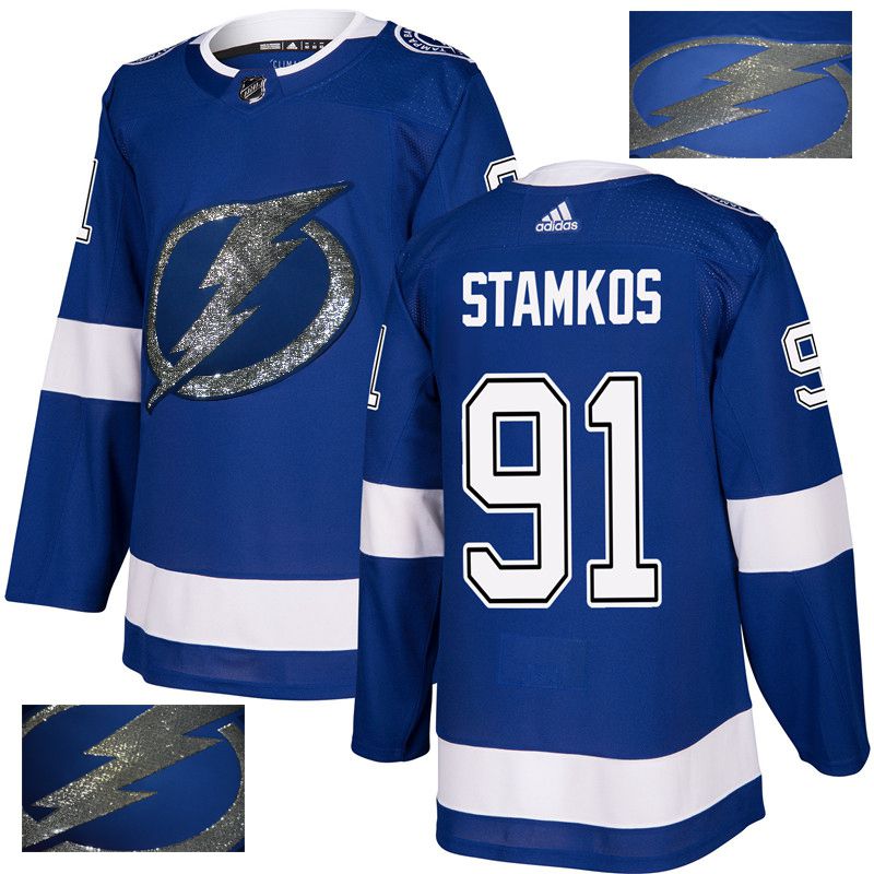 Men Tampa Bay Lightning #91 Stamkos Blue Gold embroidery Adidas NHL Jerseys